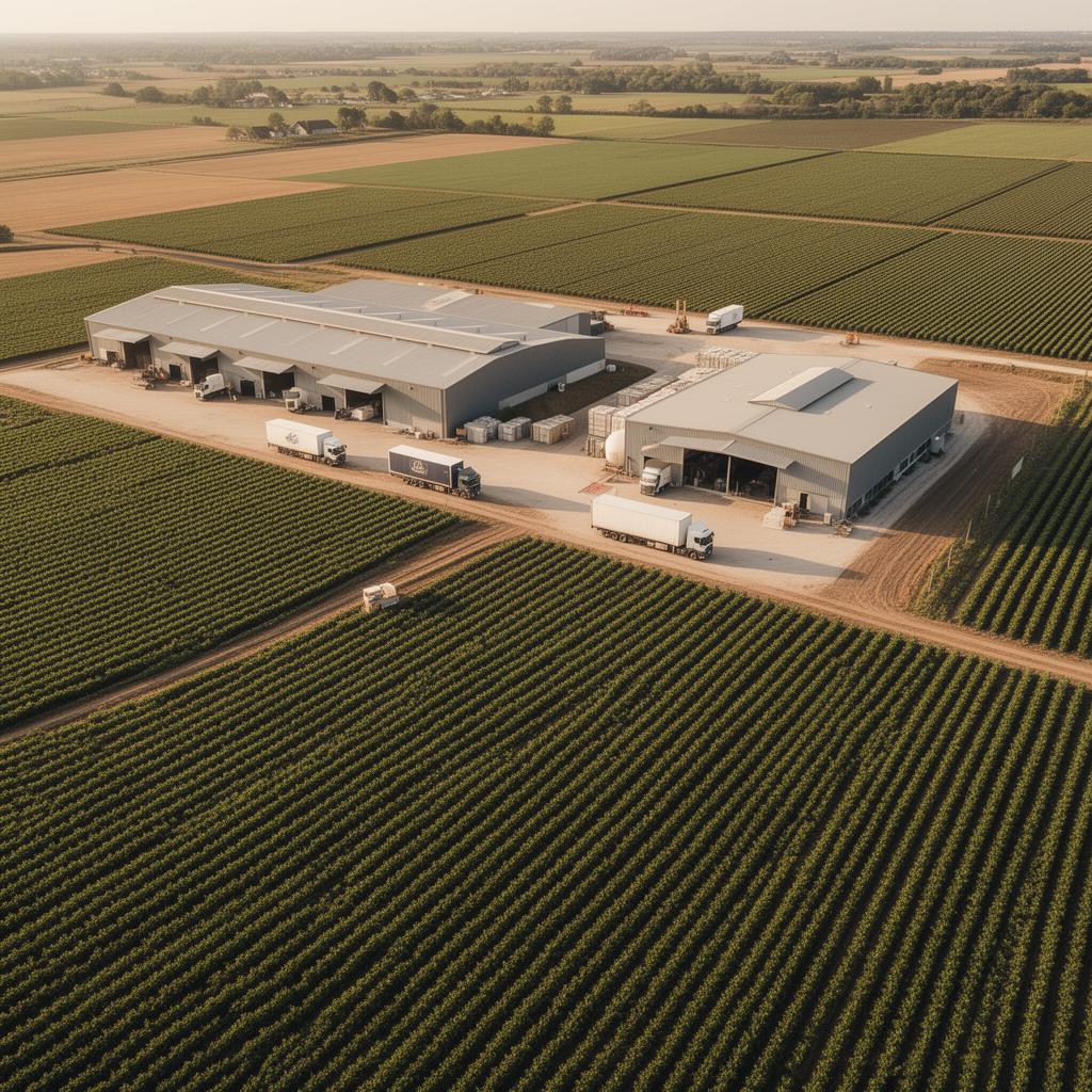 Aerial view of an organised agricultural operation showing scale and structure